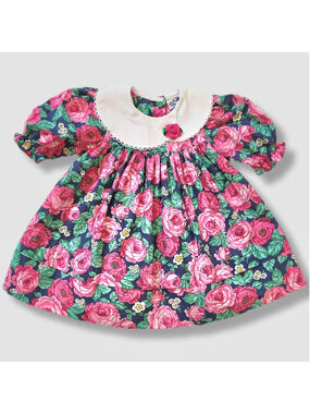 Vintage 80s Claire Bell Floral Dress, Pierrot Collar, Pink Navy | Size 12-18m